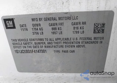 2015 Chevrolet Sonic Lt Auto из США, поврежденный, VIN 1G1JC5SG5F4147301